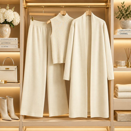 Women’s 3-Piece Knit Cardigan Set | Long Open-Front Coat, Sleeveless Turtleneck Top & Wide-Leg Pants | Fall Winter Lounge & Office Outfit