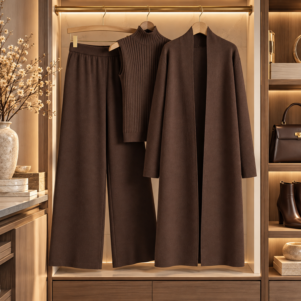 Women’s 3-Piece Knit Cardigan Set | Long Open-Front Coat, Sleeveless Turtleneck Top & Wide-Leg Pants | Fall Winter Lounge & Office Outfit