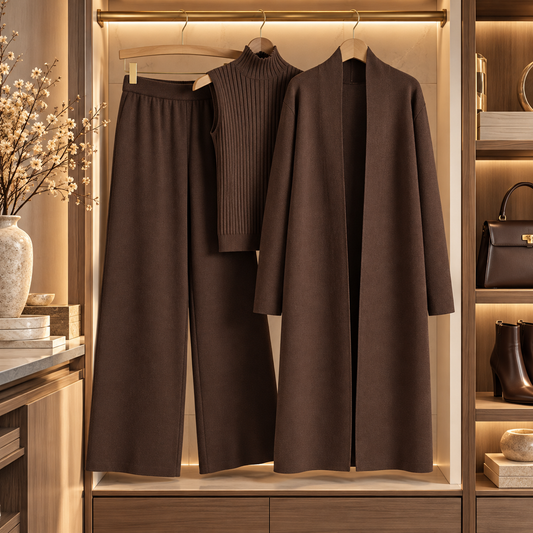 Women’s 3-Piece Knit Cardigan Set | Long Open-Front Coat, Sleeveless Turtleneck Top & Wide-Leg Pants | Fall Winter Lounge & Office Outfit