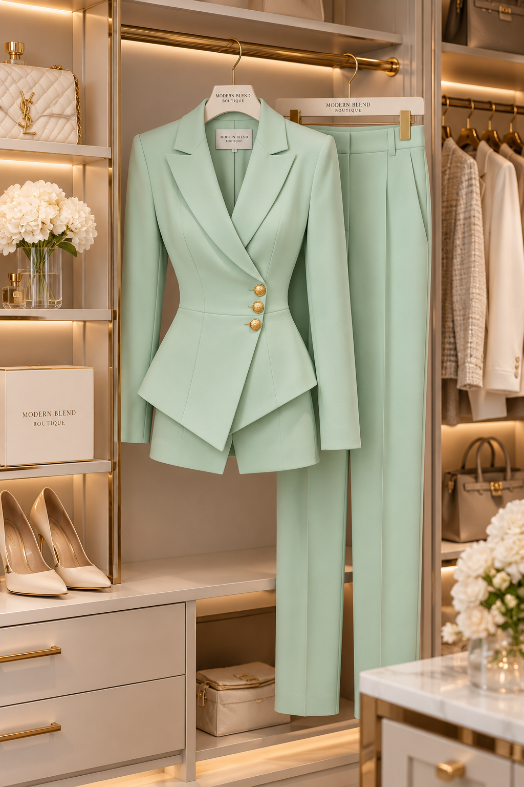 Women’s Mint Green Tailored Pantsuit Set | Elegant Slim Fit Blazer & Trousers | 2-Piece Business Suit