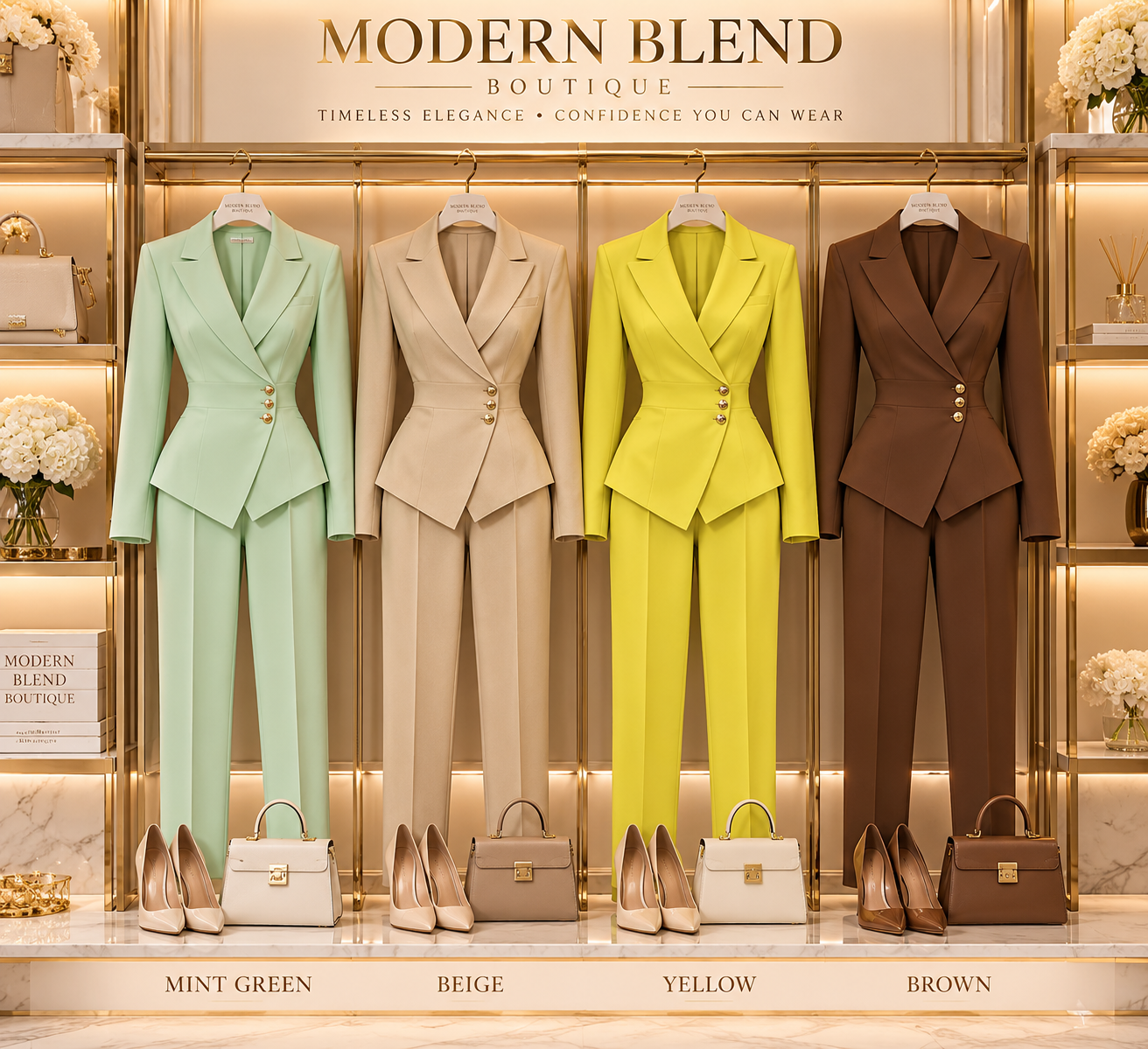 Women’s Mint Green Tailored Pantsuit Set | Elegant Slim Fit Blazer & Trousers | 2-Piece Business Suit