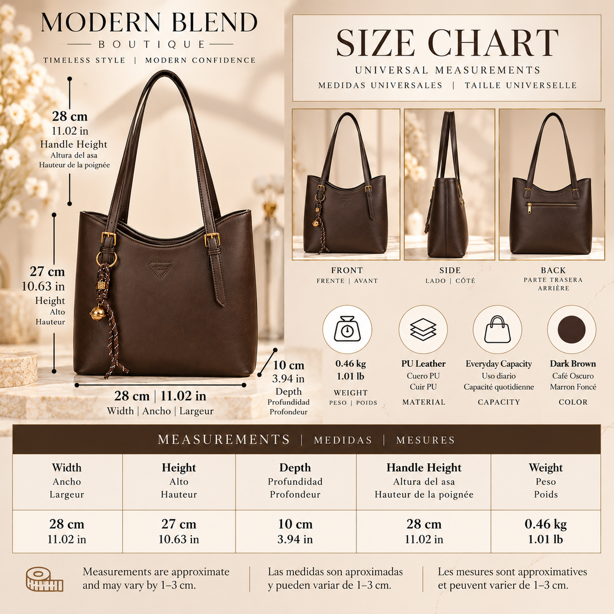 Women’s PU Leather Shoulder Tote Bag – Elegant Structured Handbag with Gold-Tone Accents | Modern Blend Boutique