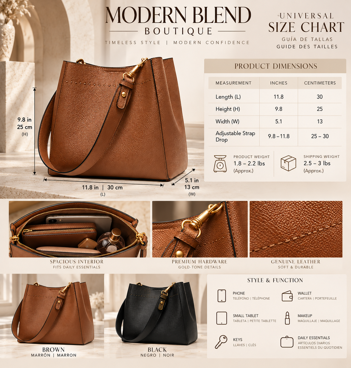 Modern Blend Boutique | Luxury Genuine Leather Shoulder Tote Bag – Elegant Structured Handbag for Women