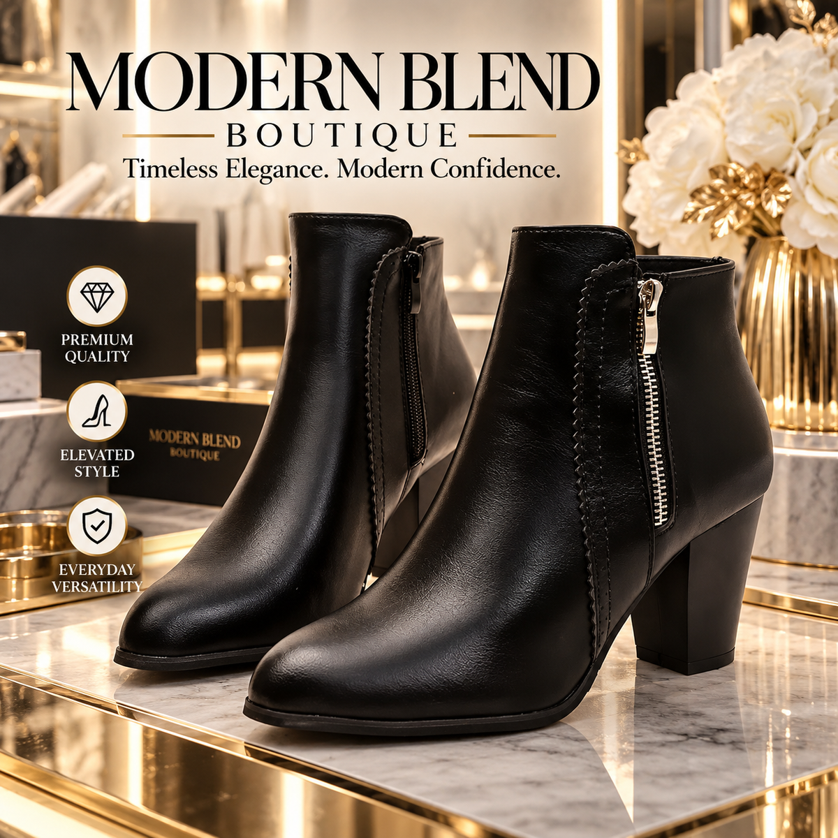 Women’s Faux Leather Ankle Boots | Chunky Block Heel, Side Zipper, Round Toe, Classic Dress Booties – Black & Cognac Brown