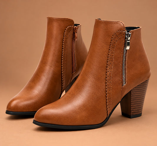 Women’s Faux Leather Ankle Boots | Chunky Block Heel, Side Zipper, Round Toe, Classic Dress Booties – Black & Cognac Brown