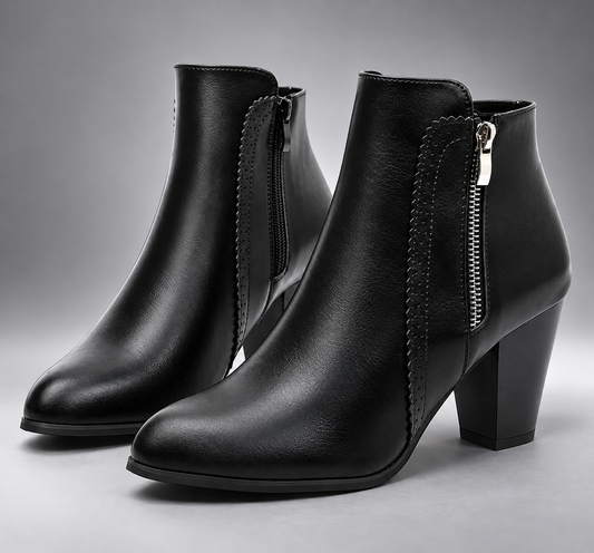 Women’s Faux Leather Ankle Boots | Chunky Block Heel, Side Zipper, Round Toe, Classic Dress Booties – Black & Cognac Brown