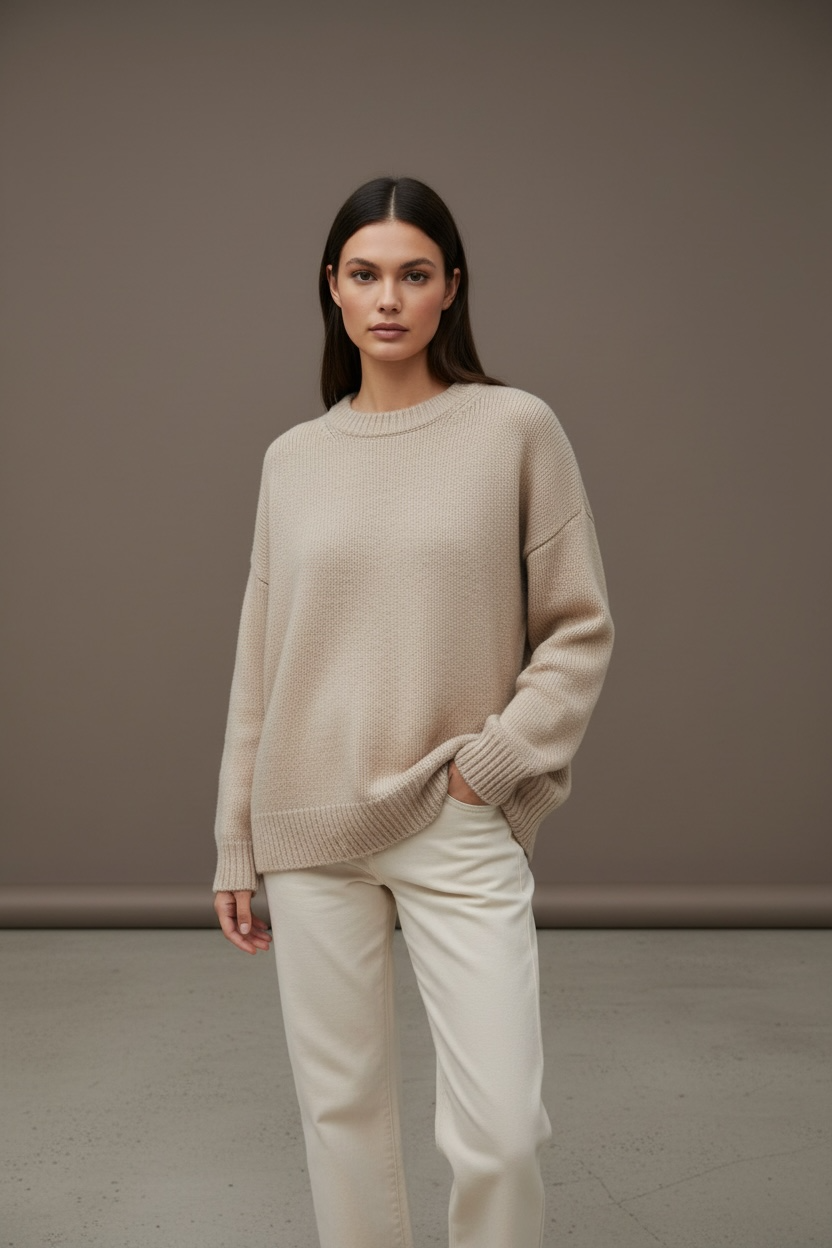 Women's Versatile Crewneck  Cashmere knitted Sweater/Ribbed Neckline/Elastic Cuff Hem/Long Sleeved Woolen Blend Pullover.