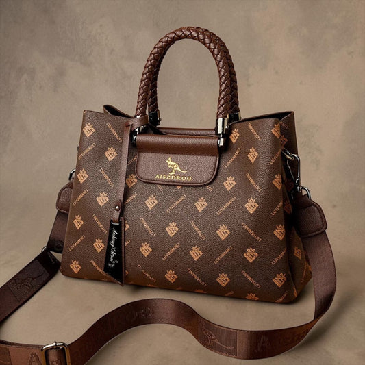 Elegant Genuine Leather Tote Handbag – Luxury Pattern Shoulder Bag with Braided Handle & Adjustable Strap