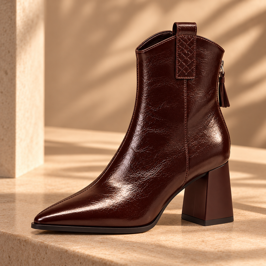 Women’s Vintage Pointed-Toe Ankle Boots – Leather-Look Chunky Block Heel, Back-Zip Dress Booties | Fall Winter