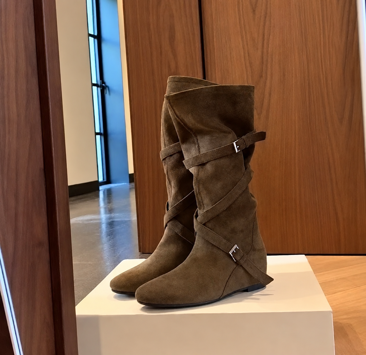 Women’s Suede-Look Western Wedge Boots – Knee-High Slouchy Buckle Strap Boots | Fall & Winter