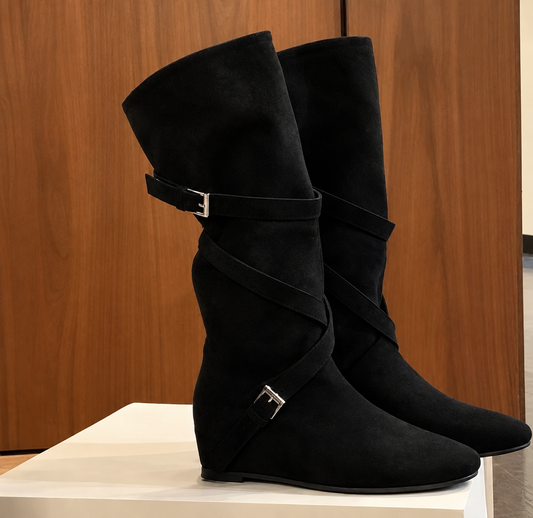 Women’s Suede-Look Western Wedge Boots – Knee-High Slouchy Buckle Strap Boots | Fall & Winter