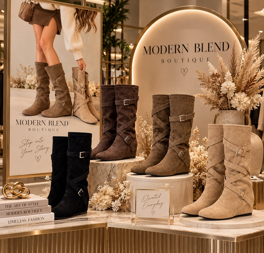 Women’s Suede-Look Western Wedge Boots – Knee-High Slouchy Buckle Strap Boots | Fall & Winter