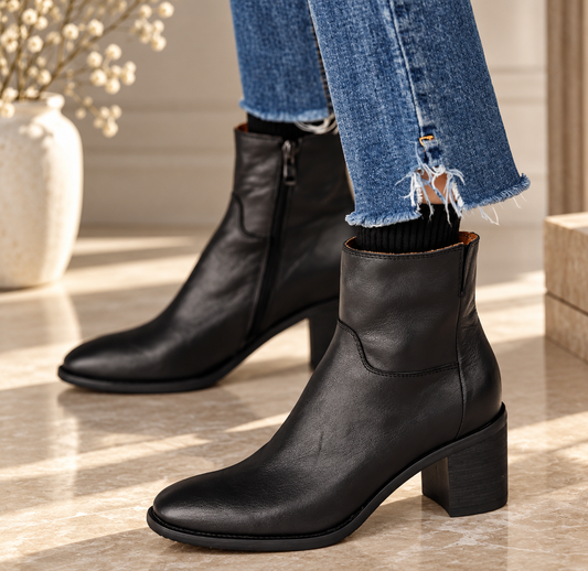 Women’s Genuine Leather Ankle Boots | Vintage European-Inspired Round Toe Booties, Side Zipper, Block Heel, Classic British Style
