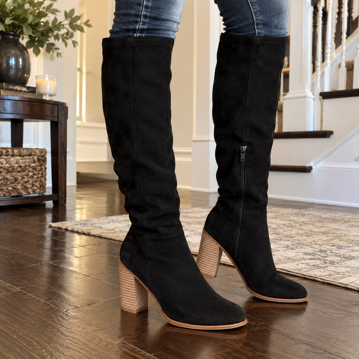 Women’s Knee-High Suede-Look Boots – Elegant Chunky Block Heel, Side-Zip Tall Boots, Fall & Winter