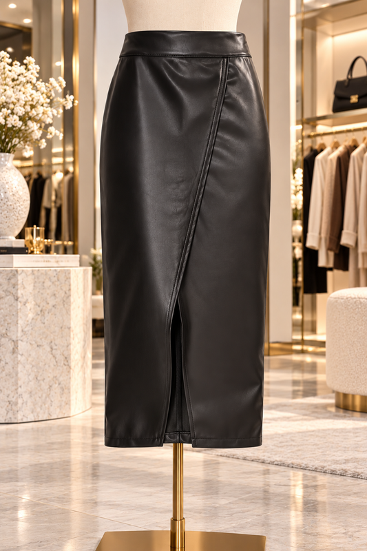 Women’s High-Waisted Faux Leather Midi Pencil Skirt | Elegant PU Leather Straight Skirt with Front Slit | Fall & Winter Boutique Apparel
