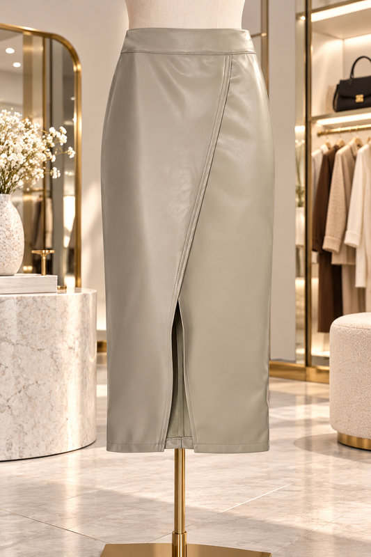 Women’s High-Waisted Faux Leather Midi Pencil Skirt | Elegant PU Leather Straight Skirt with Front Slit | Fall & Winter Boutique Apparel