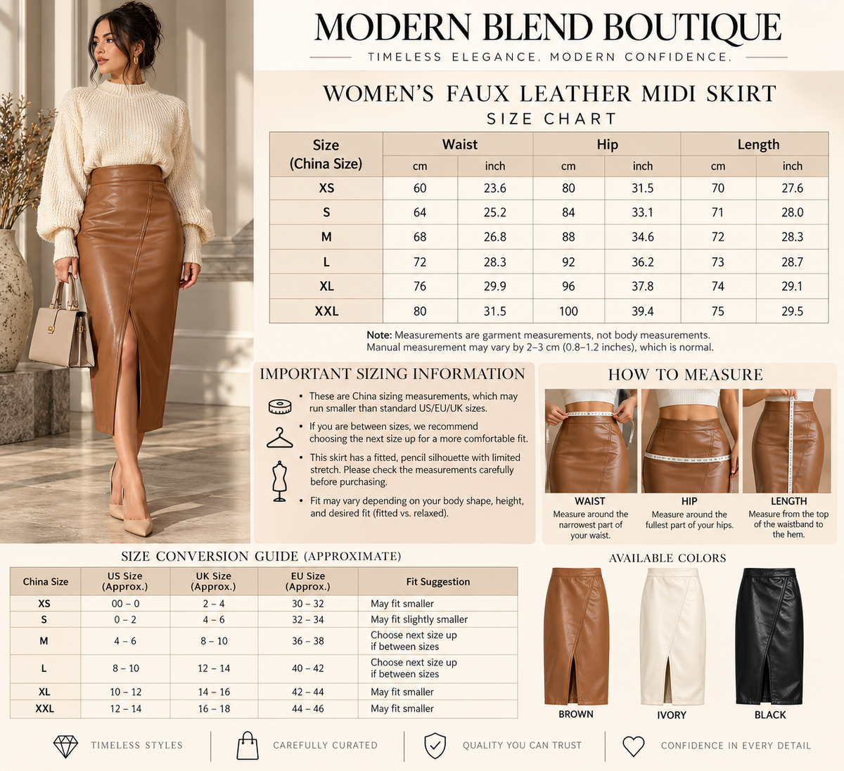 Women’s High-Waisted Faux Leather Midi Pencil Skirt | Elegant PU Leather Straight Skirt with Front Slit | Fall & Winter Boutique Apparel