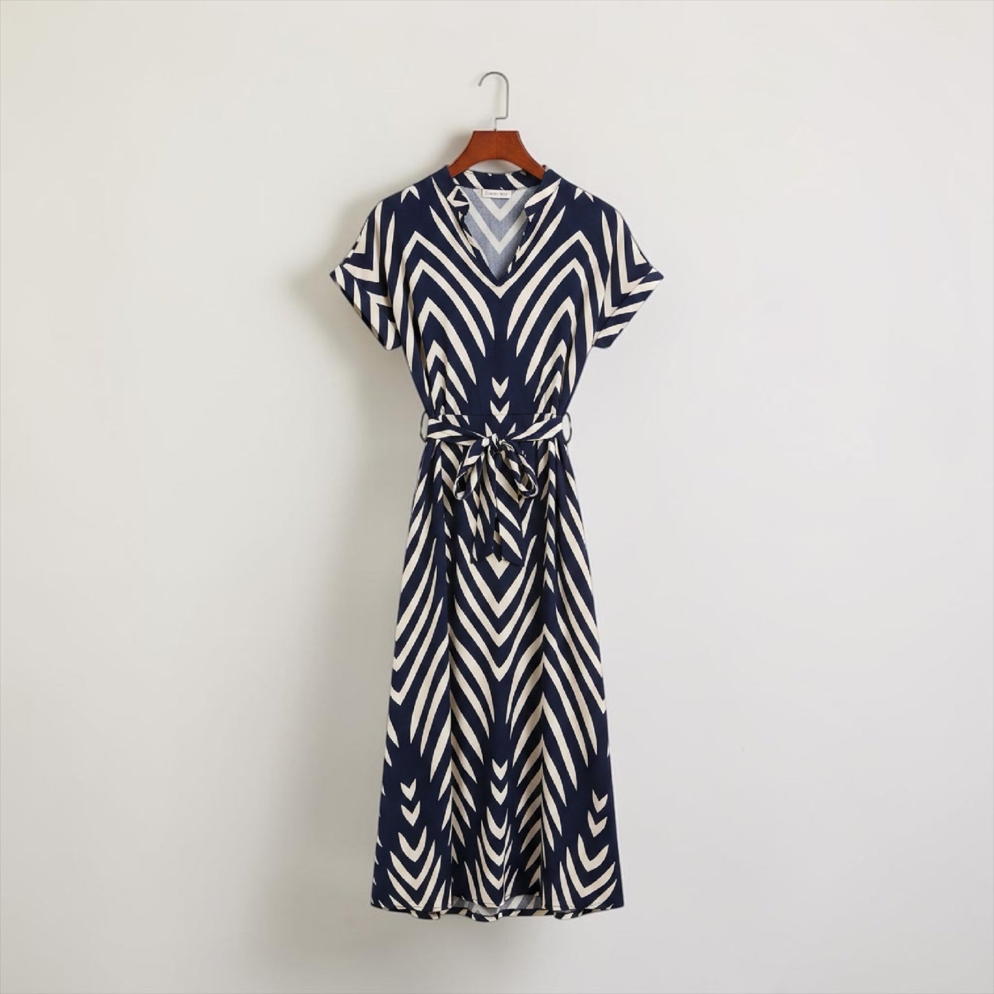 Modern Blend Boutique | Elegant Chevron Belted Midi Dress – Timeless Summer V-Neck Dress