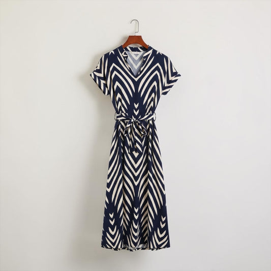 Modern Blend Boutique | Elegant Chevron Belted Midi Dress – Timeless Summer V-Neck Dress