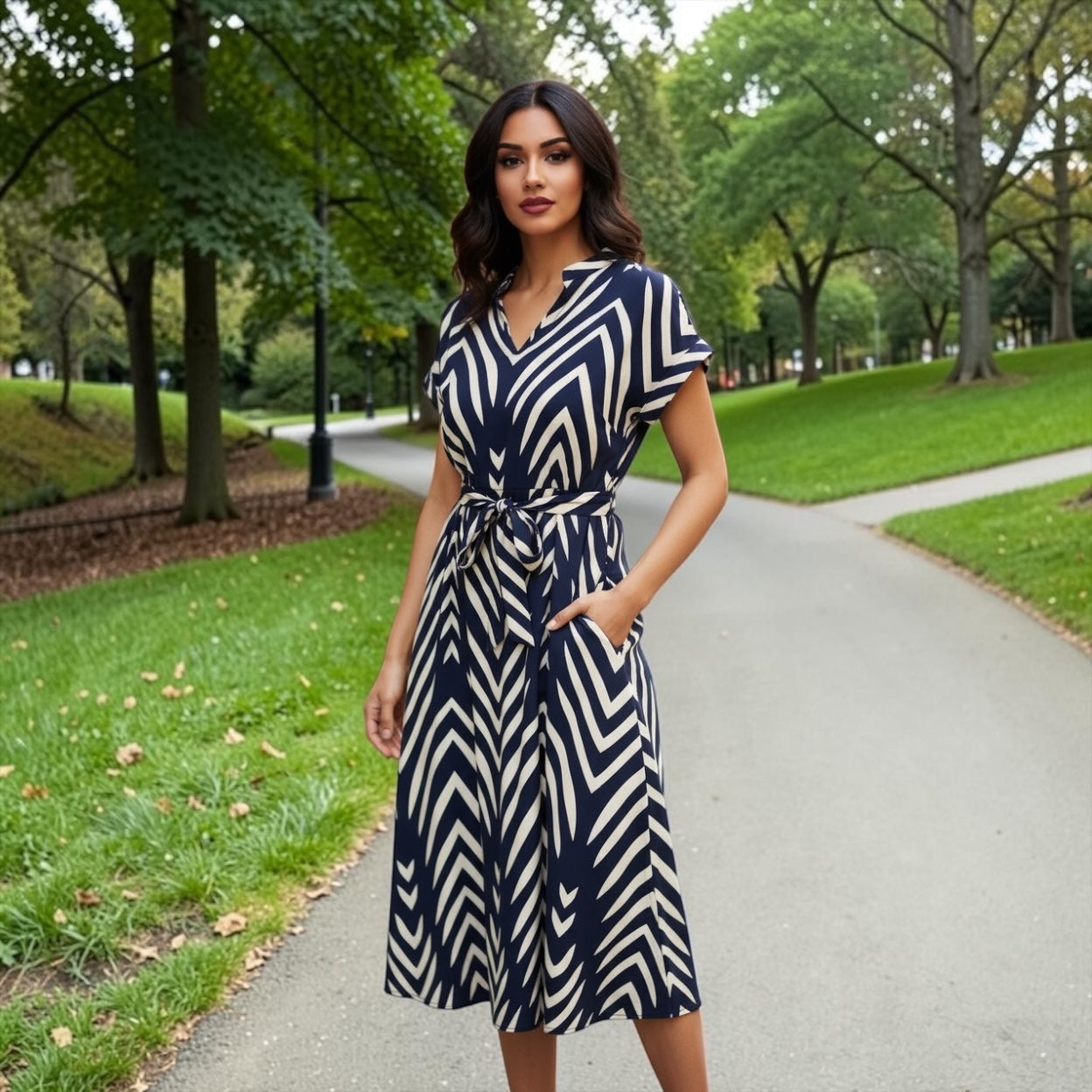 Modern Blend Boutique | Elegant Chevron Belted Midi Dress – Timeless Summer V-Neck Dress