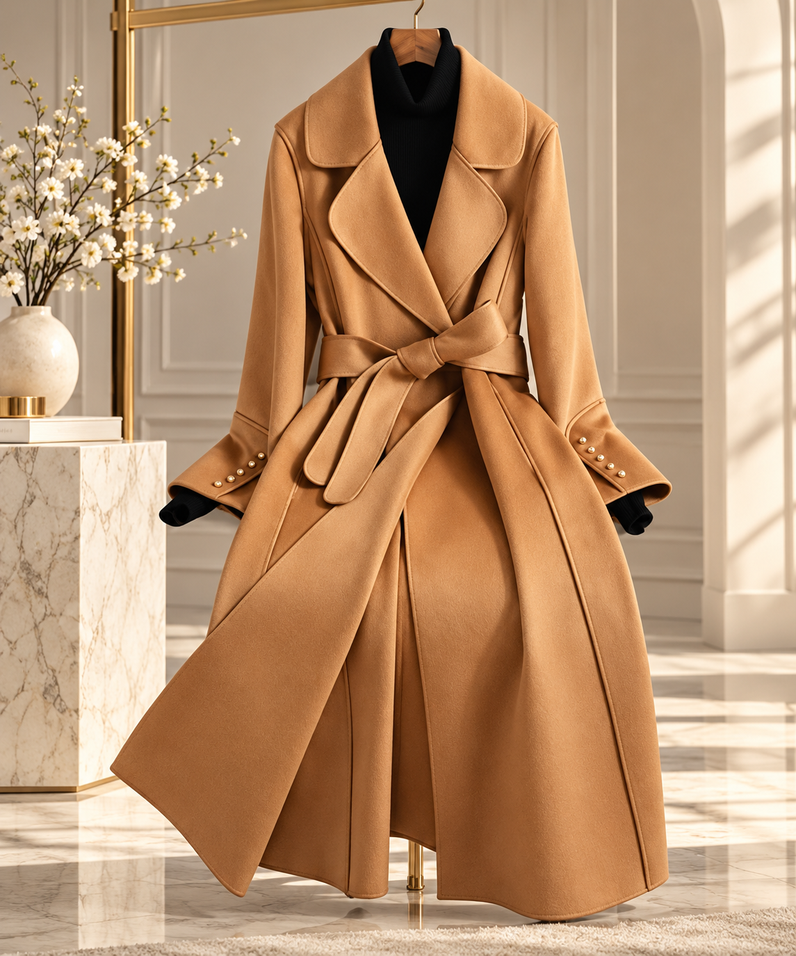 Women’s 100% Merino Wool Long Wrap Coat – Luxury Double-Breasted Style, Wide Lapel Collar, Belted Waist, Elegant Winter Outerwear