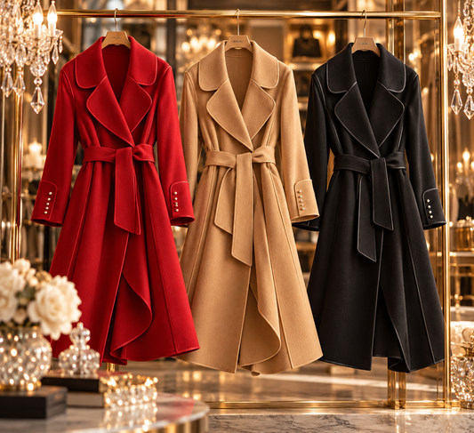 Women’s 100% Merino Wool Long Wrap Coat – Luxury Double-Breasted Style, Wide Lapel Collar, Belted Waist, Elegant Winter Outerwear