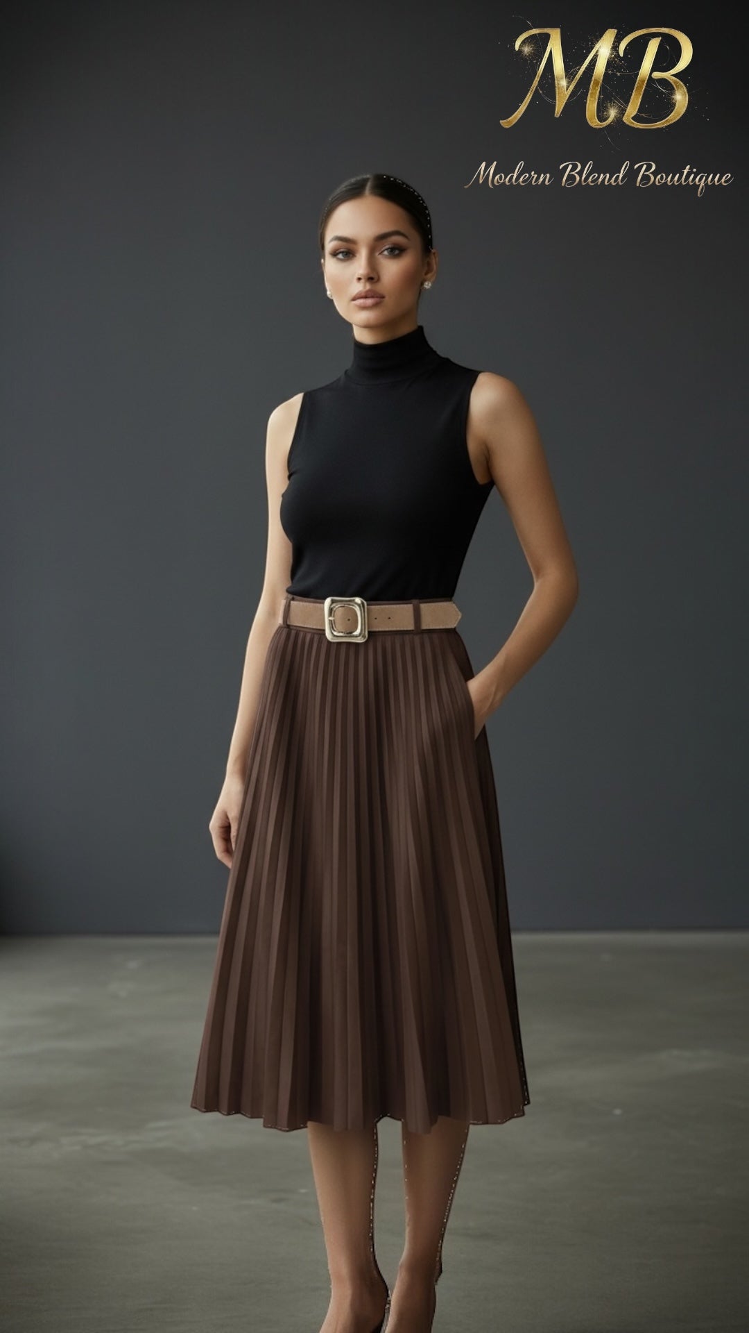 Flowing Effect Pleated Skirt/Neutral Beauty Layered Skirt/Midi Long Skirt/High Waist Elegant Faux Suede Skirt With Belt.