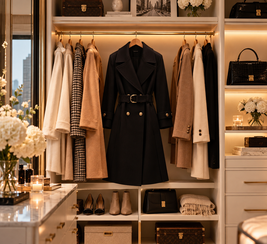 Women’s Double-Breasted Belted Long Wool-Blend Coat | Tailored Winter Overcoat with Gold Buttons & Notched Lapel | Sizes S–3XL