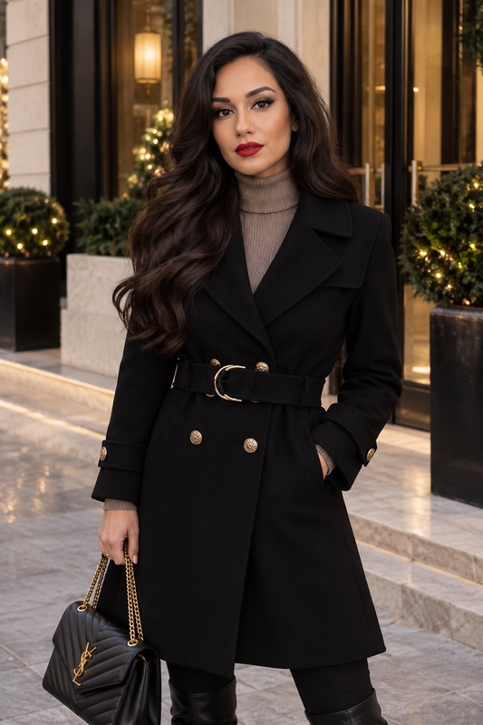 Women’s Double-Breasted Belted Long Wool-Blend Coat | Tailored Winter Overcoat with Gold Buttons & Notched Lapel | Sizes S–3XL