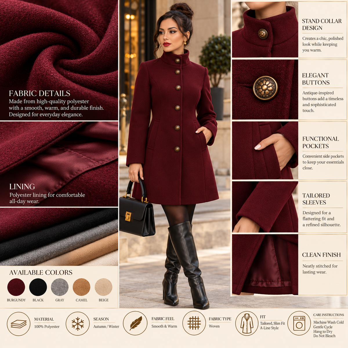 Women’s Wool-Look Tailored A-Line Coat | Stand Collar, Button Front, Slim Fit – Fall/Winter (Copy)