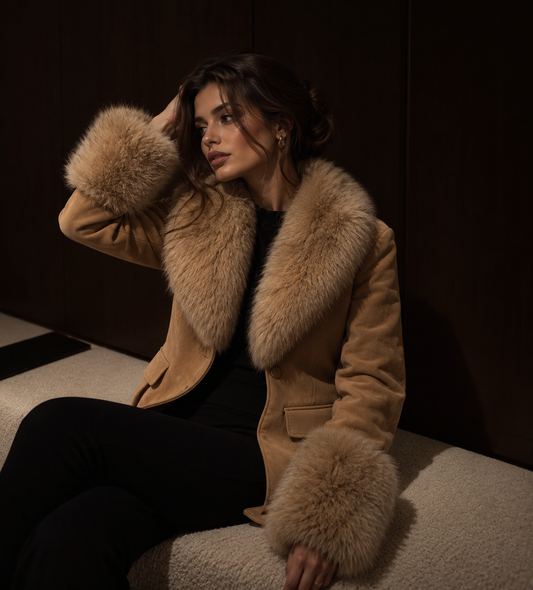 Women’s Faux Fur Collar Blazer Jacket – Suede-Look Polyester, Tailored Waist, Single-Breasted Button Front, Autumn Winter Outerwear