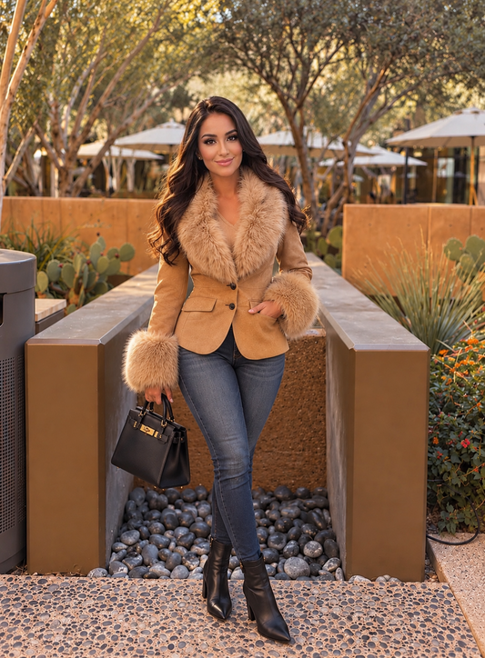 Women’s Faux Fur Collar Blazer Jacket – Suede-Look Polyester, Tailored Waist, Single-Breasted Button Front, Autumn Winter Outerwear
