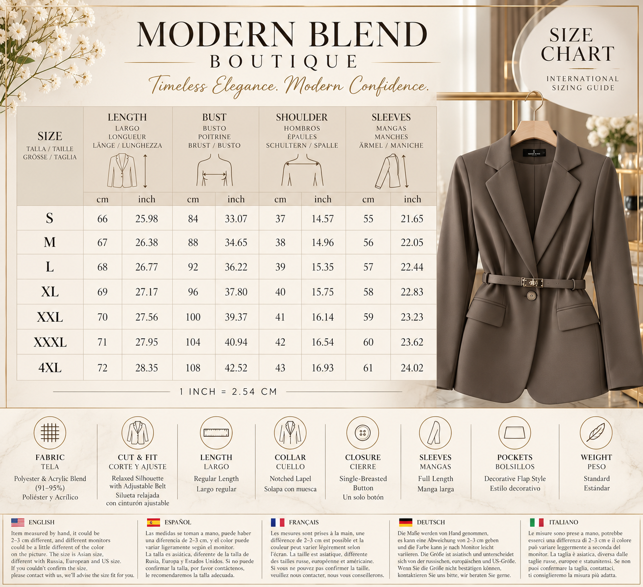 Women’s Tailored Belted Blazer – Single-Breasted Notched Lapel, Structured Shoulder, Regular-Length Suit Jacket, Elegant Business Casual Outerwear