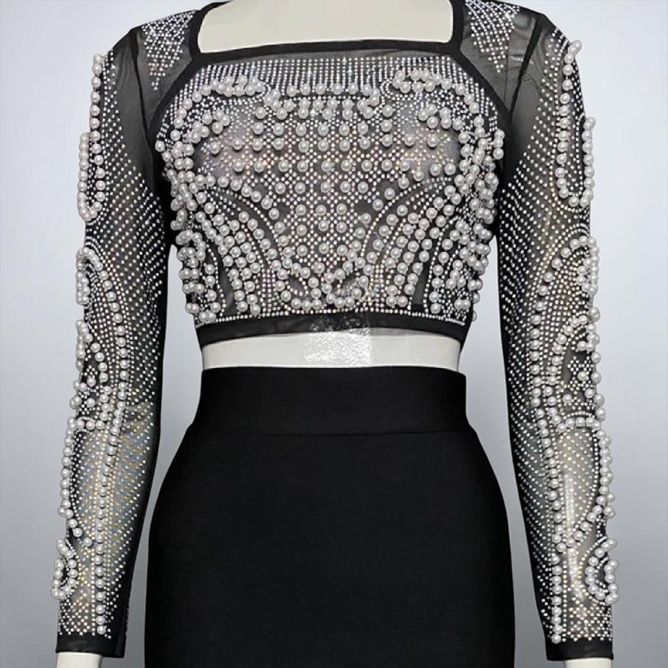 Luxe Pearl Embellished Crop Top & Midi Skirt Set