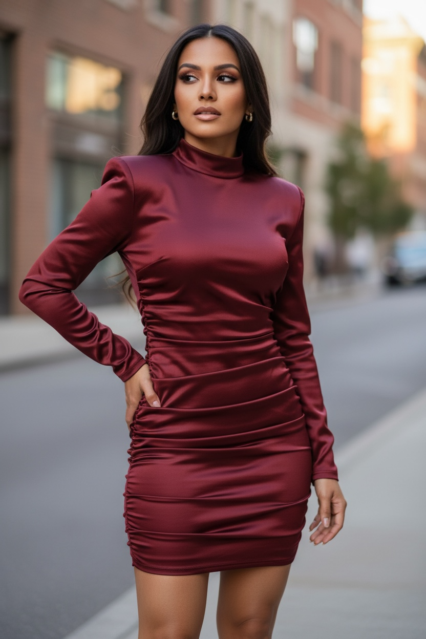 PU Leather Nightclub Sexy Bodycon Dress for Women – Long Sleeve Slim-Fit Hip-Hugging Party Vestidos with Half High Collar