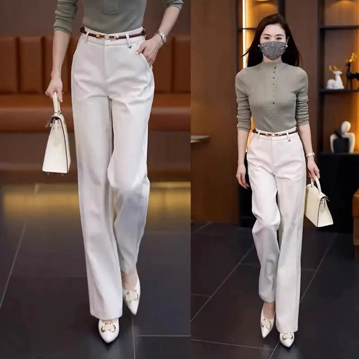 Well Made Acetate Woolen Straight Pant’s/ Female High Waist Slimming Straight Pant’s Daily Commuting.