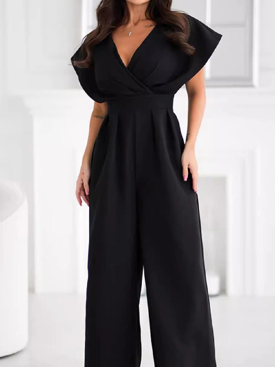 Breezy Crinkled Surplice Neckline/Wide Leg Jumpsuit/Fashion Style/Hot Sale New Elegant Slim/Looking Print V-neck Strap Dress.