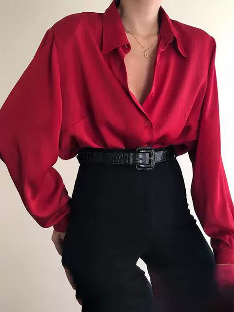 Solid V~Neck Button Blouses/Turn Down Collar Shirts/Long Sleeve Casual Blouse Loose OL Shirt/ Baggy Tops Red/Wine Red /Black. Color Loose Lapels Shirt/Polyethylene terephthalate.