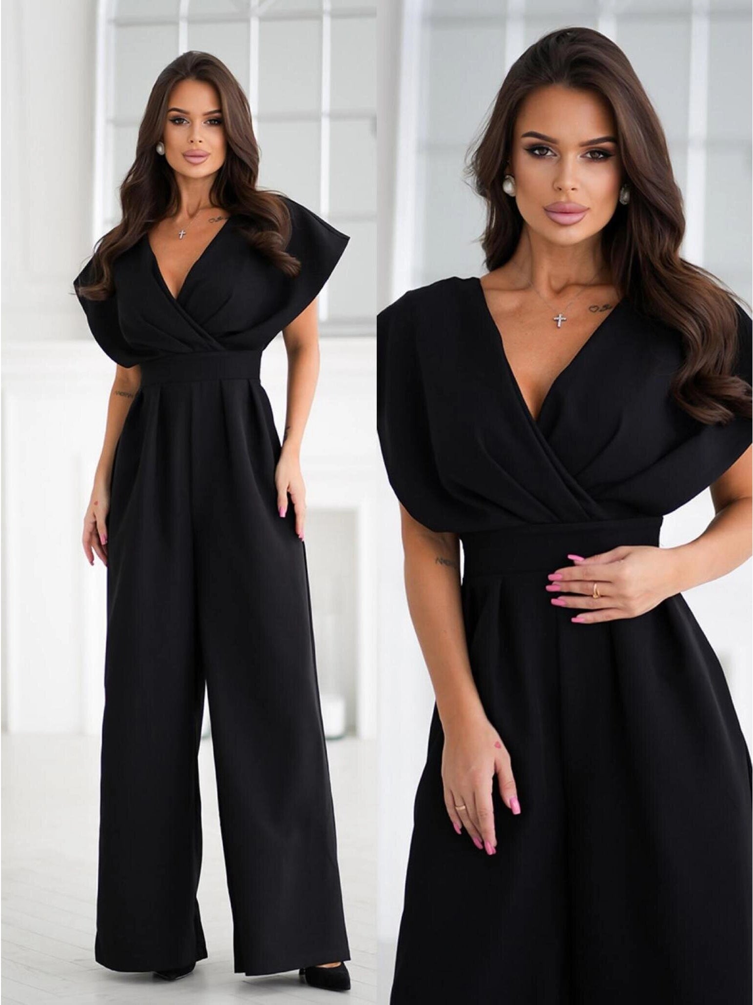 Breezy Crinkled Surplice Neckline/Wide Leg Jumpsuit/Fashion Style/Hot Sale New Elegant Slim/Looking Print V-neck Strap Dress.