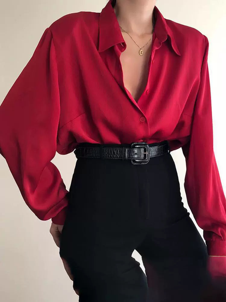 Solid V~Neck Button Blouses/Turn Down Collar Shirts/Long Sleeve Casual Blouse Loose OL Shirt/ Baggy Tops Red/Wine Red /Black. Color Loose Lapels Shirt/Polyethylene terephthalate.
