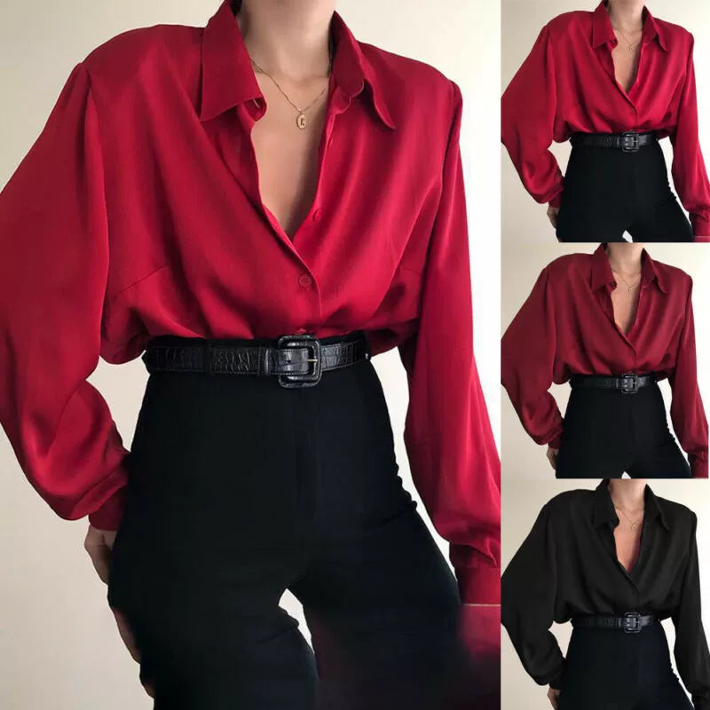 Solid V~Neck Button Blouses/Turn Down Collar Shirts/Long Sleeve Casual Blouse Loose OL Shirt/ Baggy Tops Red/Wine Red /Black. Color Loose Lapels Shirt/Polyethylene terephthalate.