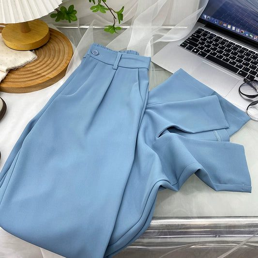 Fancy Asymmetric Slit Design/Solid  Ice Silk Micro-Pull Loose Drooping Mop Casual Pant’s/High Waist Micro-lathe pants.