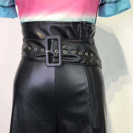 High-Waist Faux Leather Wide-Leg Pants with Belt – Elegant Statement Trousers