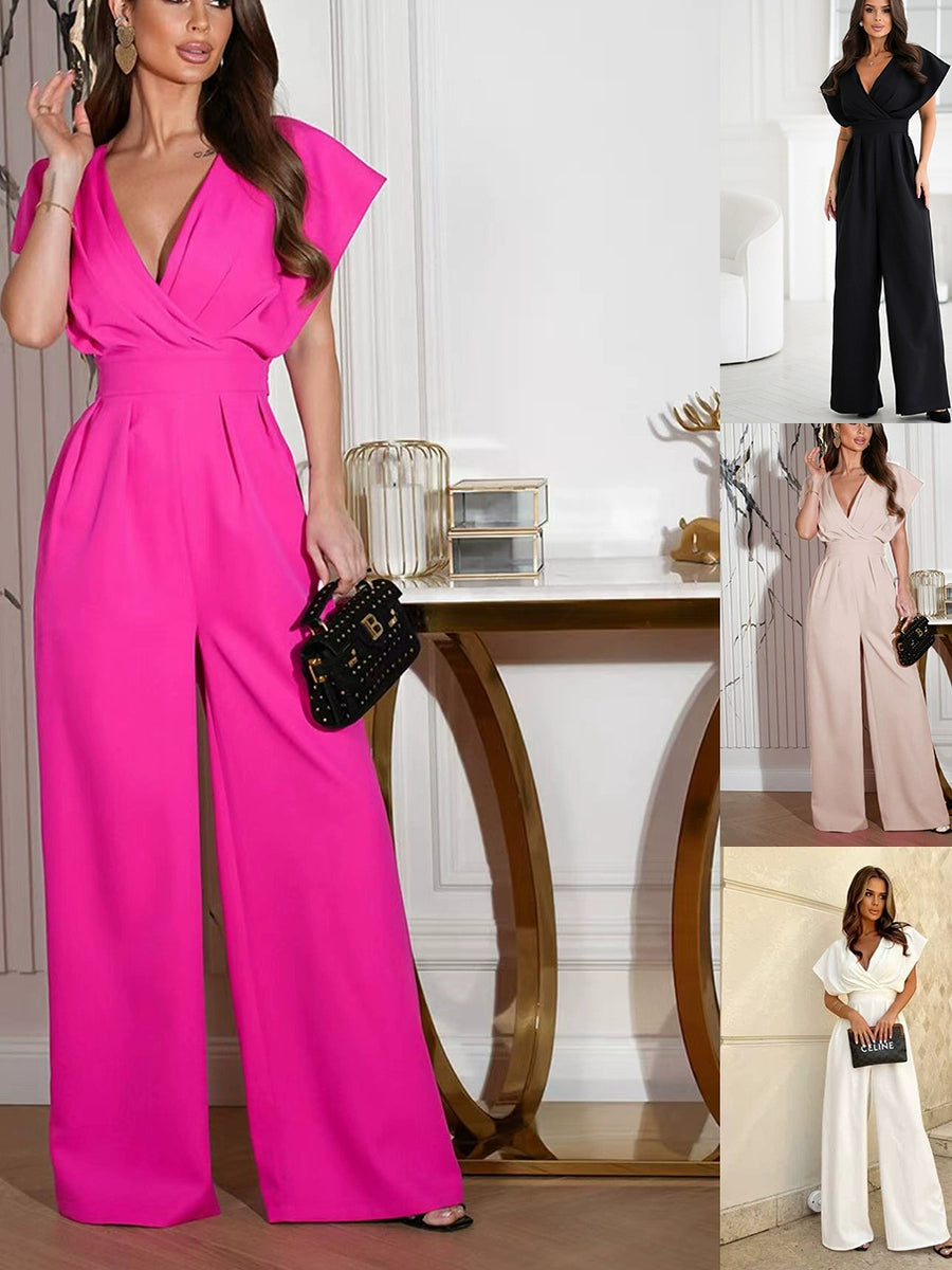 Breezy Crinkled Surplice Neckline/Wide Leg Jumpsuit/Fashion Style/Hot Sale New Elegant Slim/Looking Print V-neck Strap Dress.