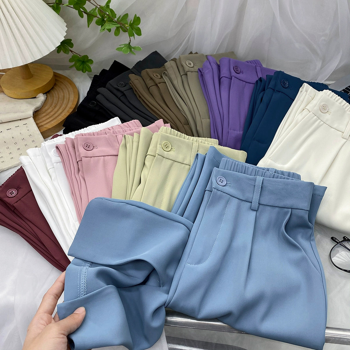 Fancy Asymmetric Slit Design/Solid  Ice Silk Micro-Pull Loose Drooping Mop Casual Pant’s/High Waist Micro-lathe pants.