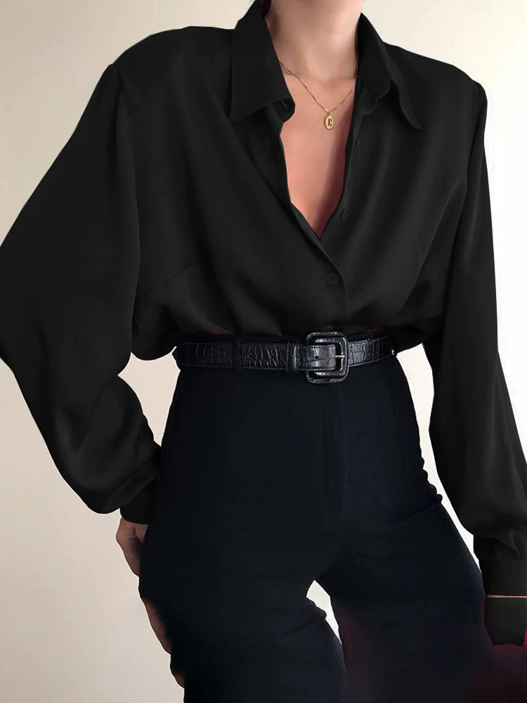 Solid V~Neck Button Blouses/Turn Down Collar Shirts/Long Sleeve Casual Blouse Loose OL Shirt/ Baggy Tops Red/Wine Red /Black. Color Loose Lapels Shirt/Polyethylene terephthalate.