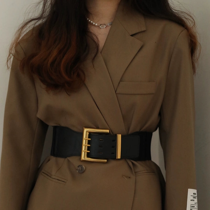 Pinned Alloy INS-Style Buckle Belt/Fashion Elastic Wide Smoothed Modern Square Belt.