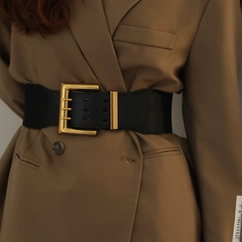 Pinned Alloy INS-Style Buckle Belt/Fashion Elastic Wide Smoothed Modern Square Belt.