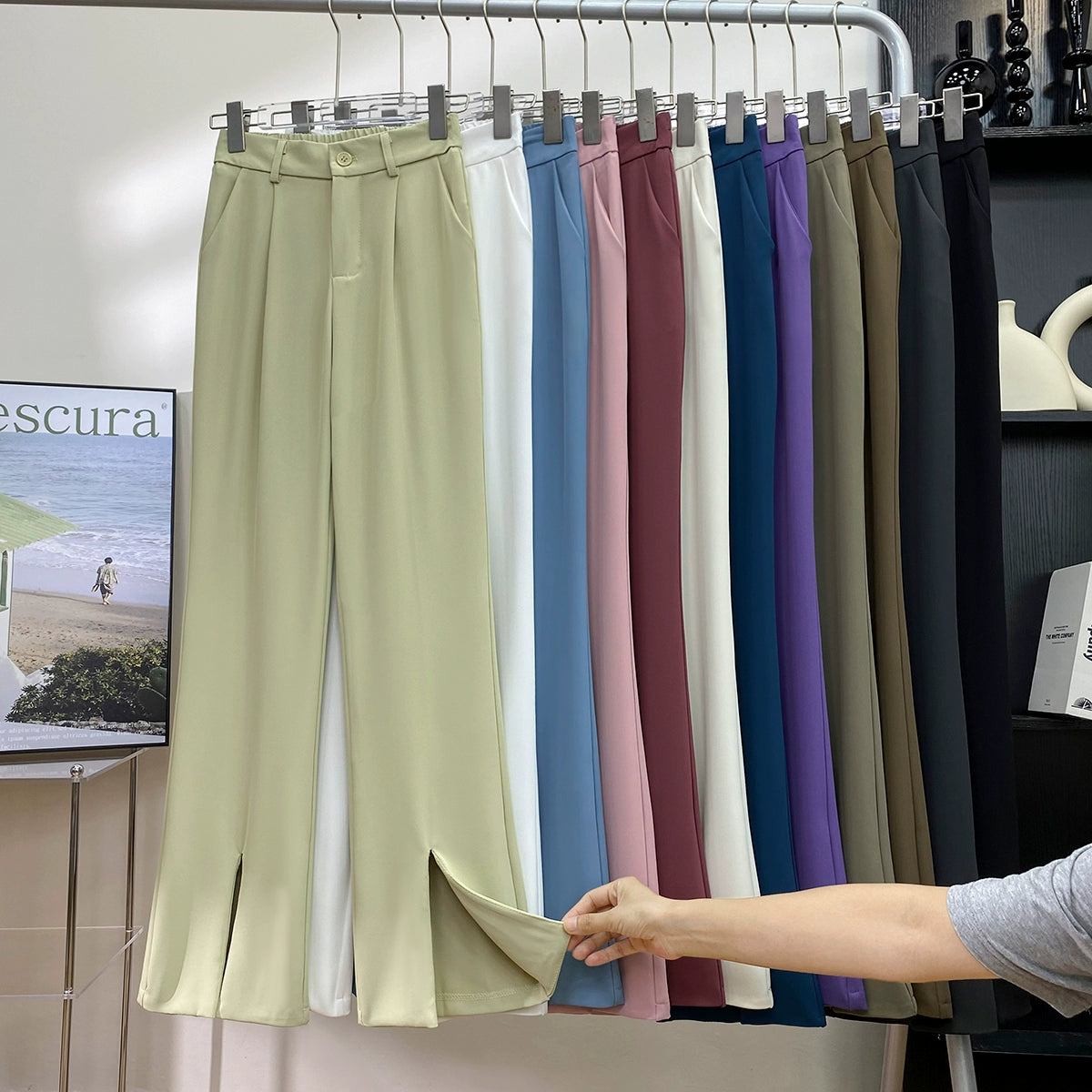 Fancy Asymmetric Slit Design/Solid  Ice Silk Micro-Pull Loose Drooping Mop Casual Pant’s/High Waist Micro-lathe pants.