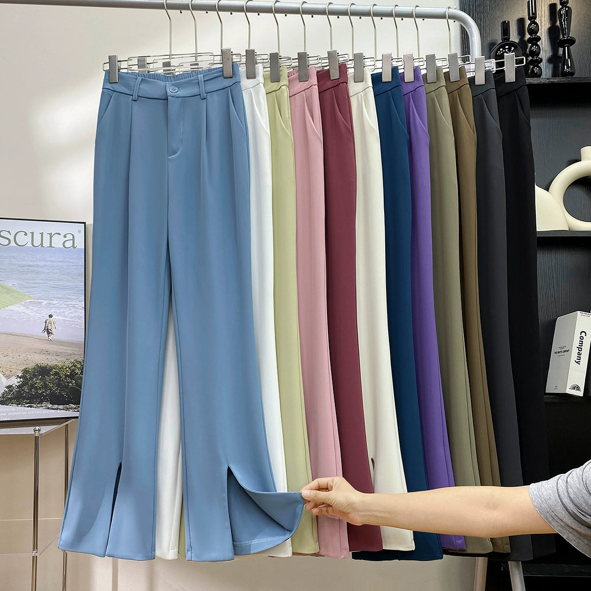 Fancy Asymmetric Slit Design/Solid  Ice Silk Micro-Pull Loose Drooping Mop Casual Pant’s/High Waist Micro-lathe pants.